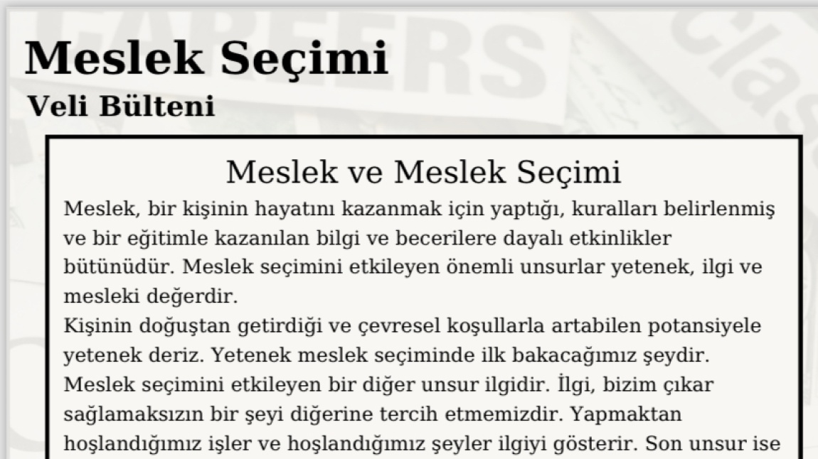 MESLEK SEÇİMİ / VELİ BÜLTENİ…