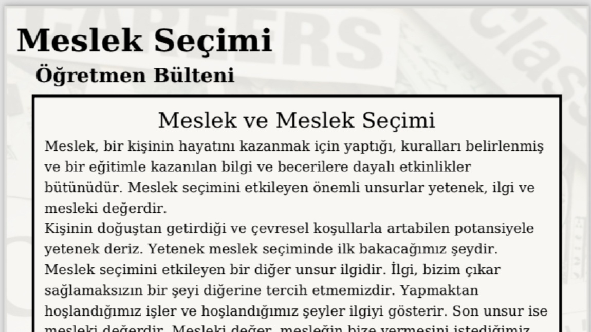 MESLEK SEÇİMİ/ ÖĞRETMEN BÜLTENİ…